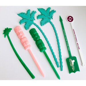 7 Hawaii Swizzle Stir Sticks Hilton Kon Tiki Crouching Lion Kona Surf Palm Trees